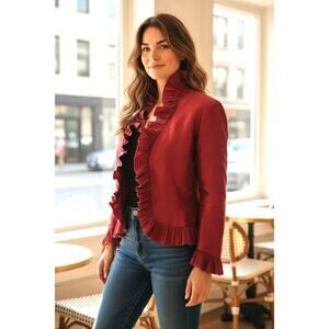 Lafayette 148 New York 100% Silk Ruffle Collar Sleeve Jacket Cranberry Size 12